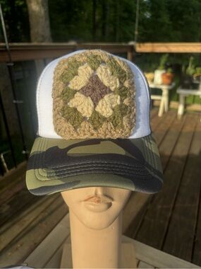 Crochet Patch Camo Trucker Hat - Olive & Khaki